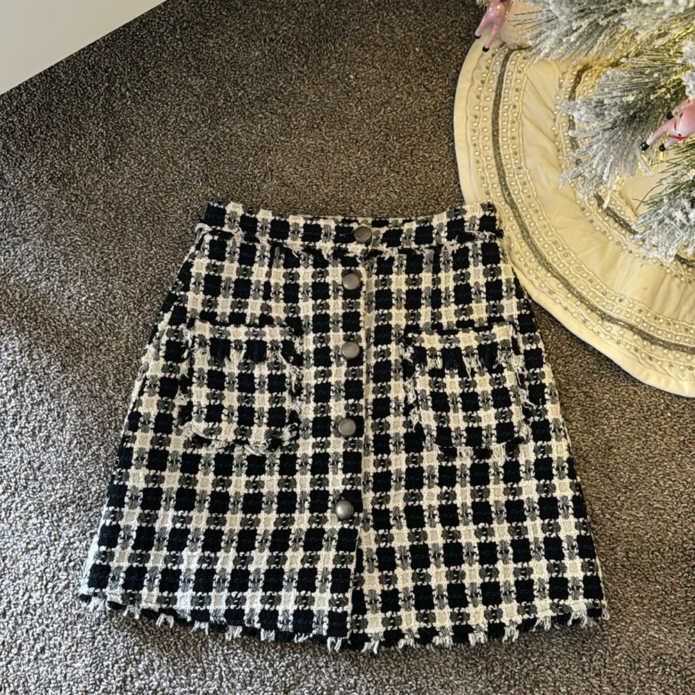 Zara Basic Tweed Button Navy Blue Plaid Skirt Wom… - image 1